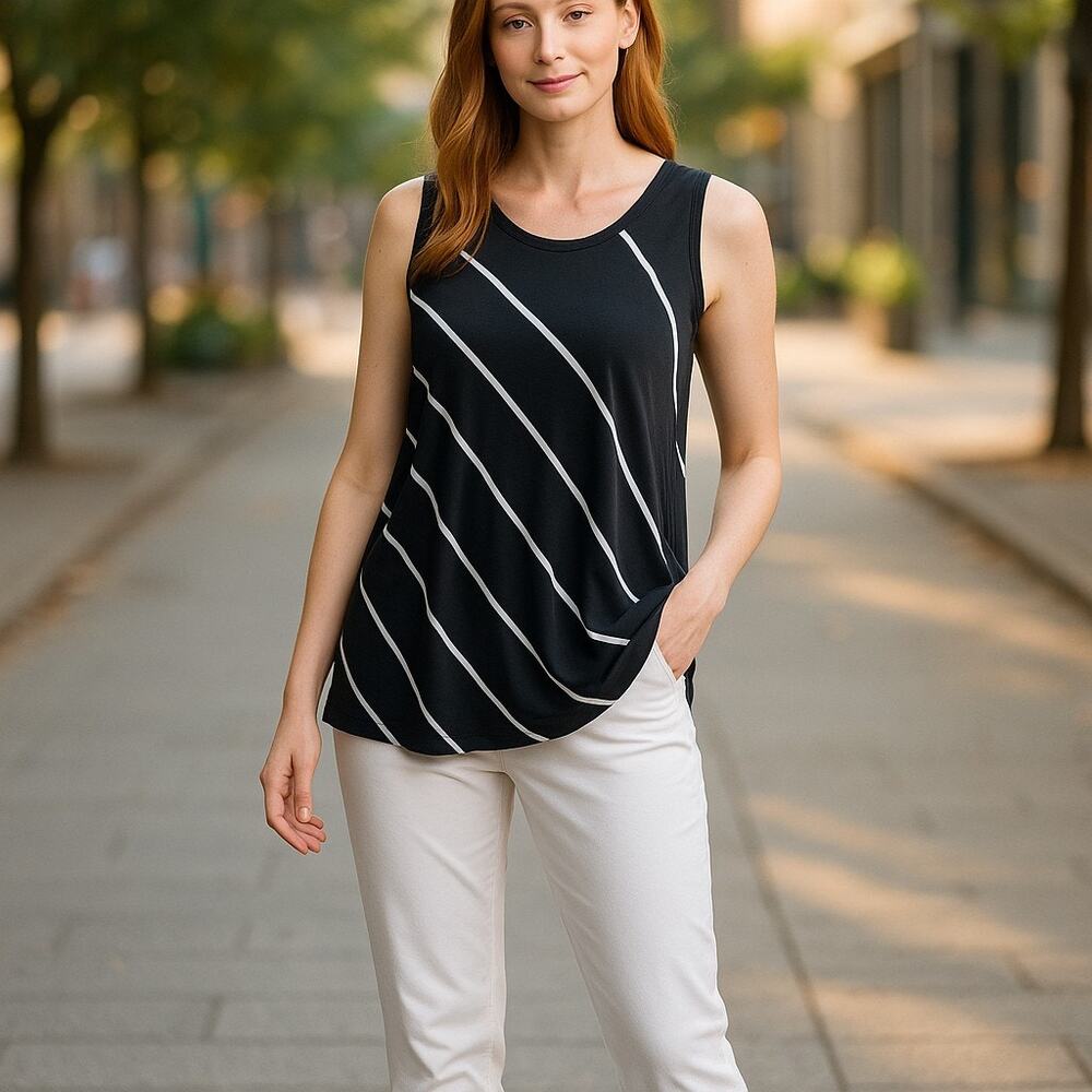 Gibson Womens Tank Top Size Large Asymmetric Black‎ White Striped Stripes NEW